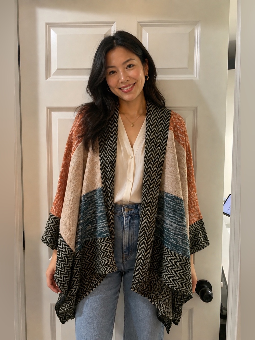 Raj Colorblock Open-Front Cardigan in Cream, Rust & Teal
